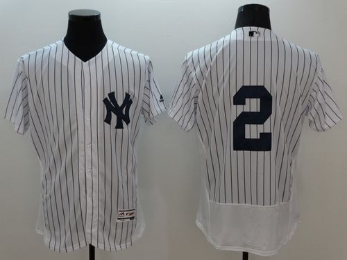 Yankees #2 Derek Jeter White Strip Flexbase Authentic Collection Stitched MLB Jersey